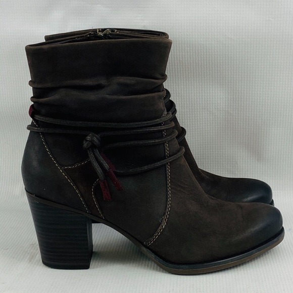 Womens 37 US 6.5-7 Tamaris Ankle Boot Dark Brown Leather Side Zip Slouch‎ Lined - Picture 2 of 10
